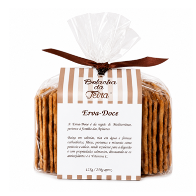 Pacote de bolachas Erva-Doce da Terra com etiqueta e fita castanha