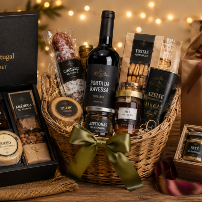 Conjunto gourmet Sabores de Portugal com vários produtos alimentares num ambiente festivo