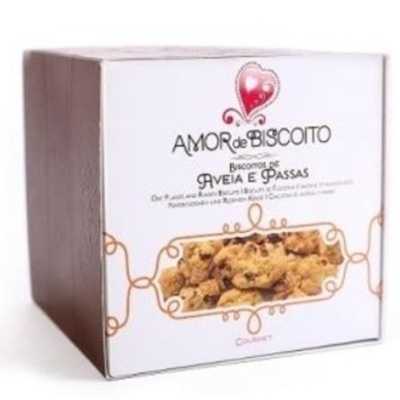 Caixa de biscoitos Amor de Biscoito aveia e passas com embalagem branca e castanha