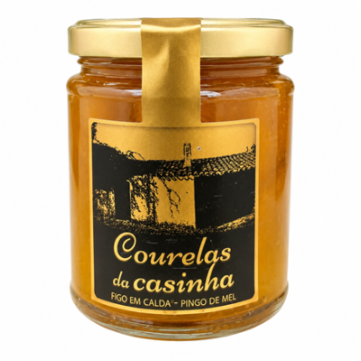 Frasco de doce con rótulo dourado com imagem de casa e texto em português