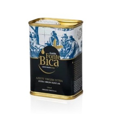 Lata metálica de azeite virgem extra Fonte Bica com design vintage azul, branco, preto e dourado
