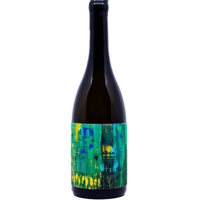 Garrafa de vinho com etiqueta abstrata verde e amarelo