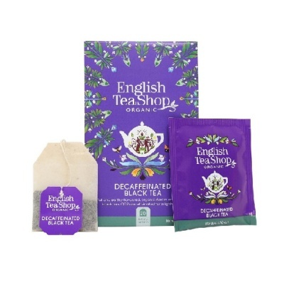 Chá preto descafeinado English Tea Shop embalagem roxa e saqueta de chá