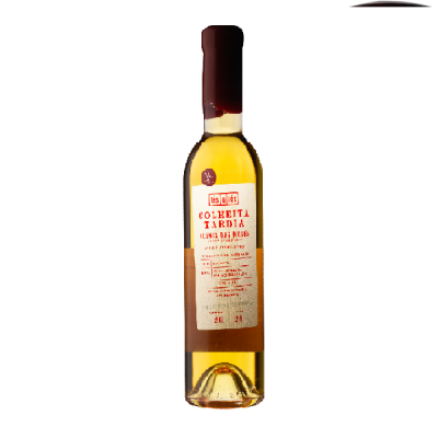 Garrafa de vinho licoroso âmbar com etiqueta branca e texto vermelho e preto