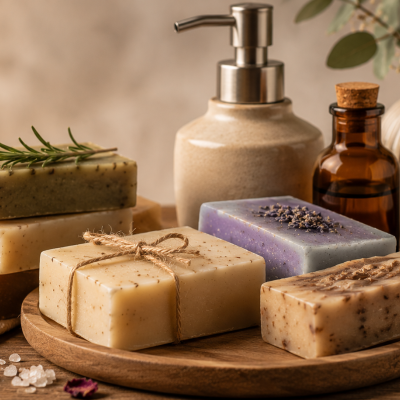 Sabões artesanais coloridos e produtos naturais para banho dispostos numa base de madeira com acessórios rústicos.