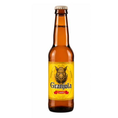 Garrafa de cerveja Granjola com rótulo amarelo e imagem de javali