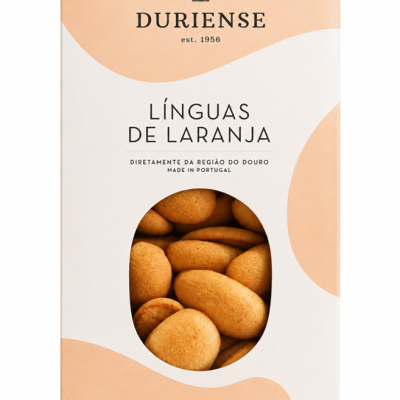 Pacote de bolachas LÍNGUAS DE LARANJA da marca DURIENSE com janela transparente mostrando o conteúdo.