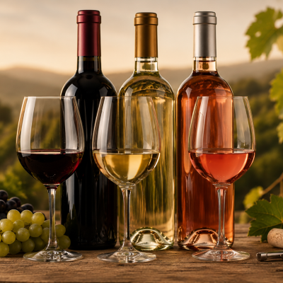 Três garrafas de vinho com copos e cachos de uvas numa vinha ao pôr do sol