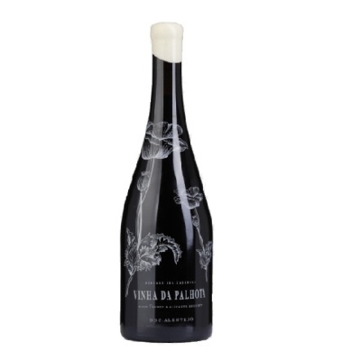 Garrafa de vinho tinto Vinha da Palhota preta com flores brancas