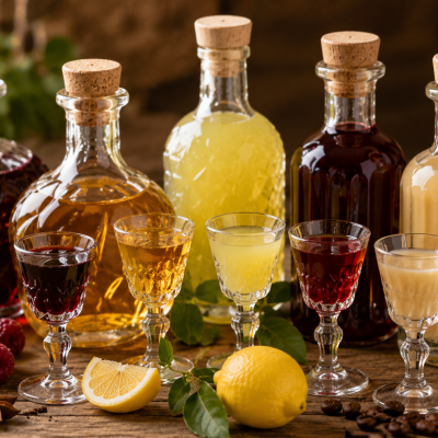 Garrafas de vidro com licores coloridos, copos de licor e frutas sobre mesa de madeira