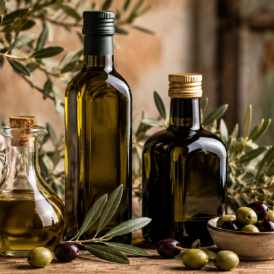 Garrafas de azeite e azeitonas com ramos de oliveira numa mesa de madeira rústica