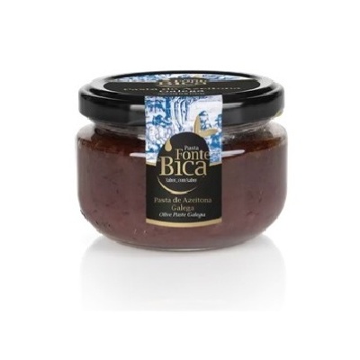 Frasco de vidro com tampa preta e rótulo Pasta Fonte Rica Pasta de Azeitona Galega