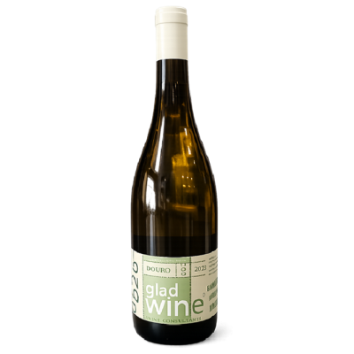 Garrafa de vinho branco com rótulo branco e verde e tampa branca