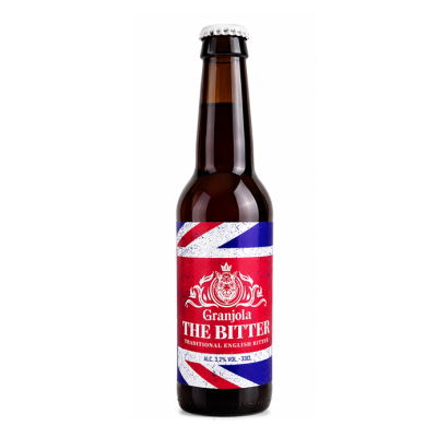 Garrafa de cerveja Granjola The Bitter com rótulo da bandeira britânica