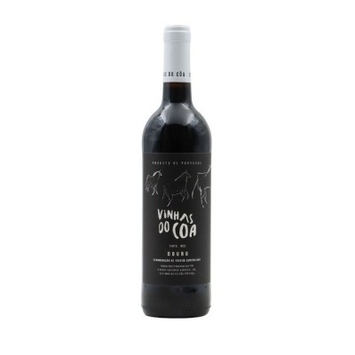 Garrafa de vinho tinto com rótulo preto VINHAS DO COA