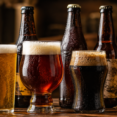 Cinco copos com cerveja e várias garrafas castanhas em mesa de madeira com lúpulo e cevada