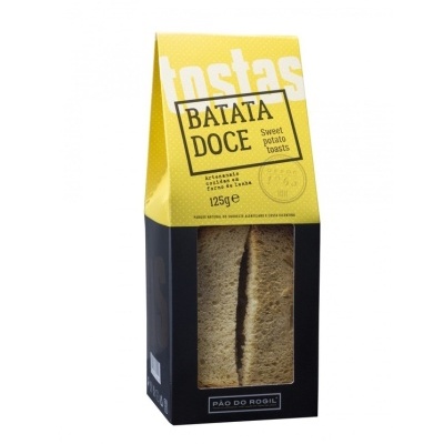 Embalagem de tostas de batata doce Pão do Rogil com 125g e design amarelo e preto