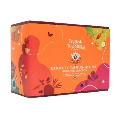 Caixa colorida de chá English Tea Shop com infusões sem cafeína.