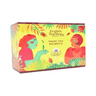 Caixa de chá orgânico colorida com ilustrações e texto English Tea Shop