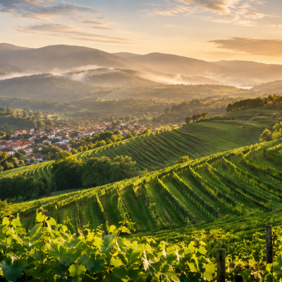 Vinhas em socalcos verdes com montanhas e vila ao fundo ao pôr do sol
