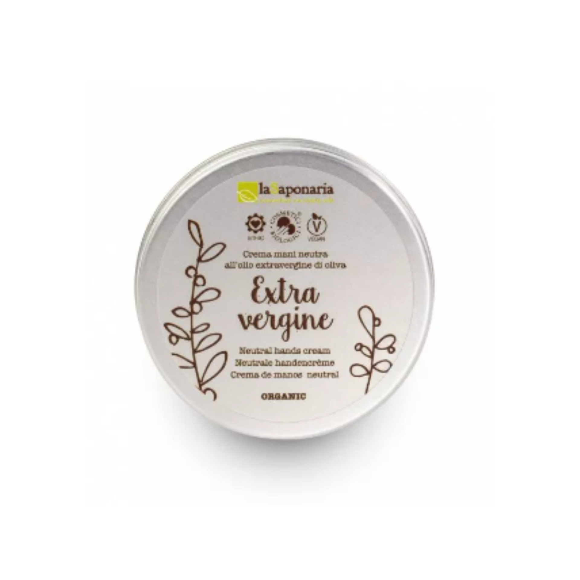 Creme de Mãos com Azeite Extra Virgem 60ml - La Saponaria Embalagem metálica de creme para mãos neutro extra virgem