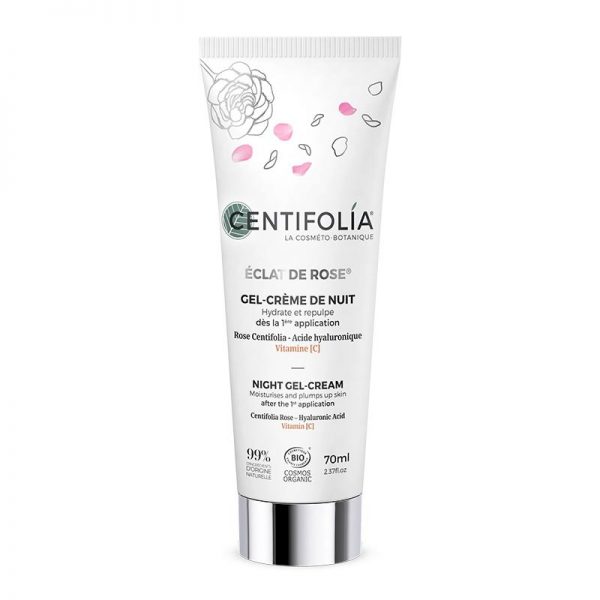 Gel-Creme de Noite - Éclat de Rose - 70ml - Centifolia Gel-creme de noite Centifolia com extracto de rosa e ácido hialurónico em embalagem branca com tampa prateada