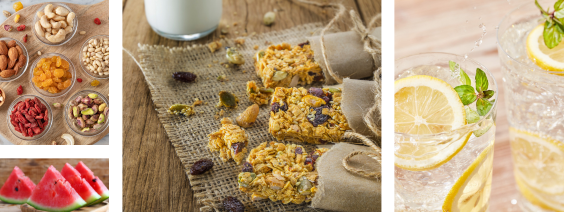 barras de granola com frutos secos, frutos secos em copos, fatias de melancia, bebida com limão e hortelã
