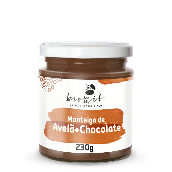 Manteiga de Avelã + Chocolate BIOMIT 230g Frasco de manteiga de avelã e chocolate com etiqueta branca e tampa branca