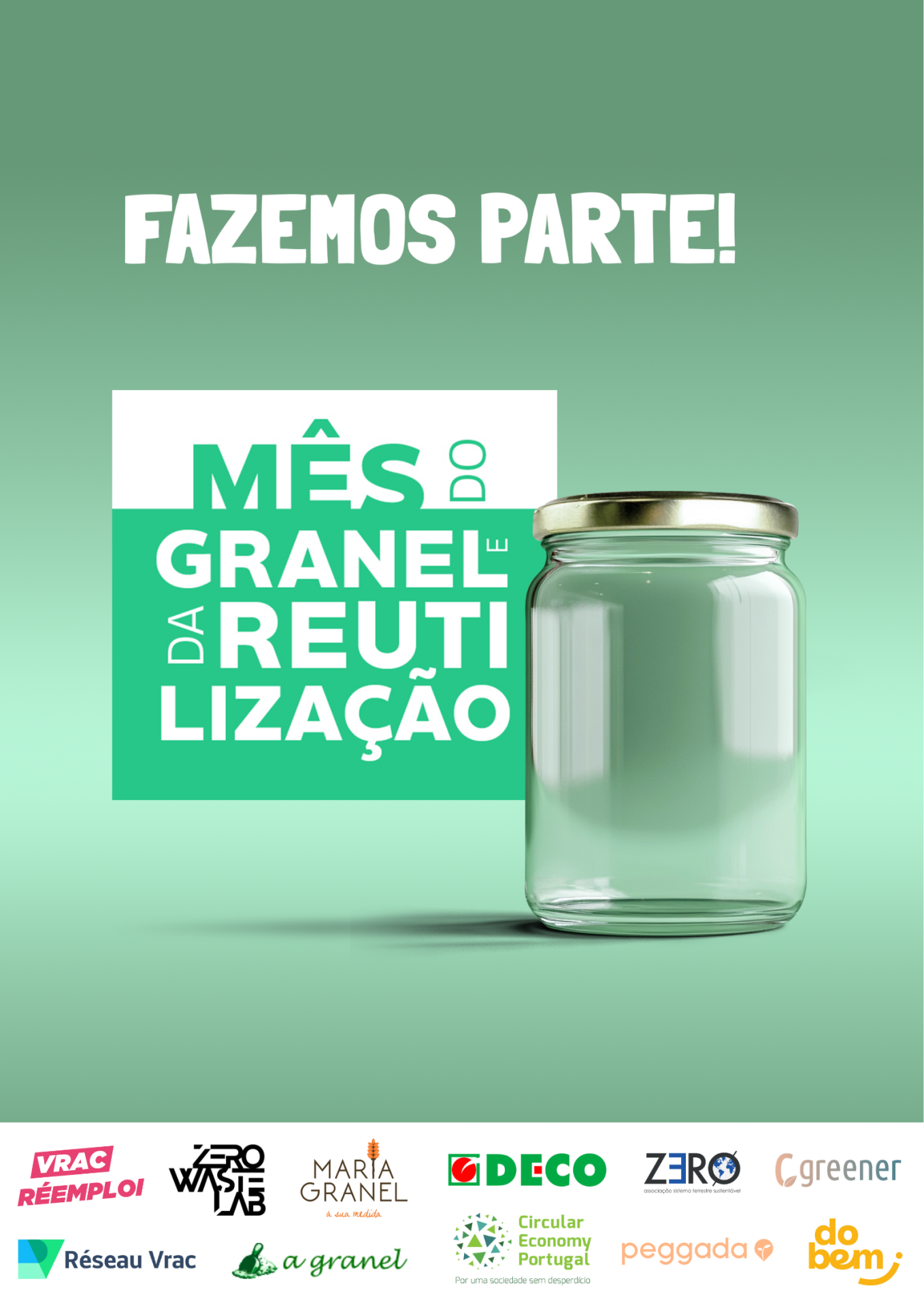 Frasco de vidro com tampa dourada e texto sobre reutilização e granel em fundo verde