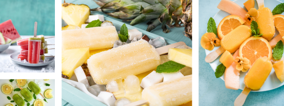 Gelados Caseiros Saudáveis Gelados de palito amarelos com pedaços de ananás e coco numa bandeja azul com gelo