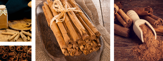Paus e pó de canela sobre madeira e saco de juta