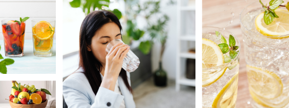 Várias bebidas com frutas e ervas e mulher a beber água