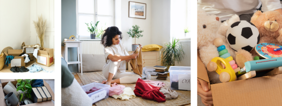 Como o Destralhe Pode Fazer Parte da Tua Vida e Deixá-la Mais Leve Caixas de papelão com roupas, livros e brinquedos variados em diferentes ambientes