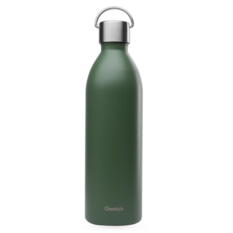Garrafa Isotérmica ACTIVE Kaki 1L - Qwetch Garrafa térmica verde fosca com tampa prateada e alça, marca Qwetch