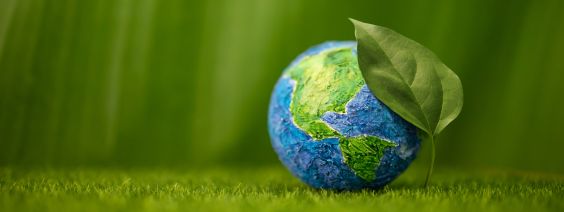 Esfera azul e verde com folha verde pousada, sobre relva verde, fundo verde desfocado