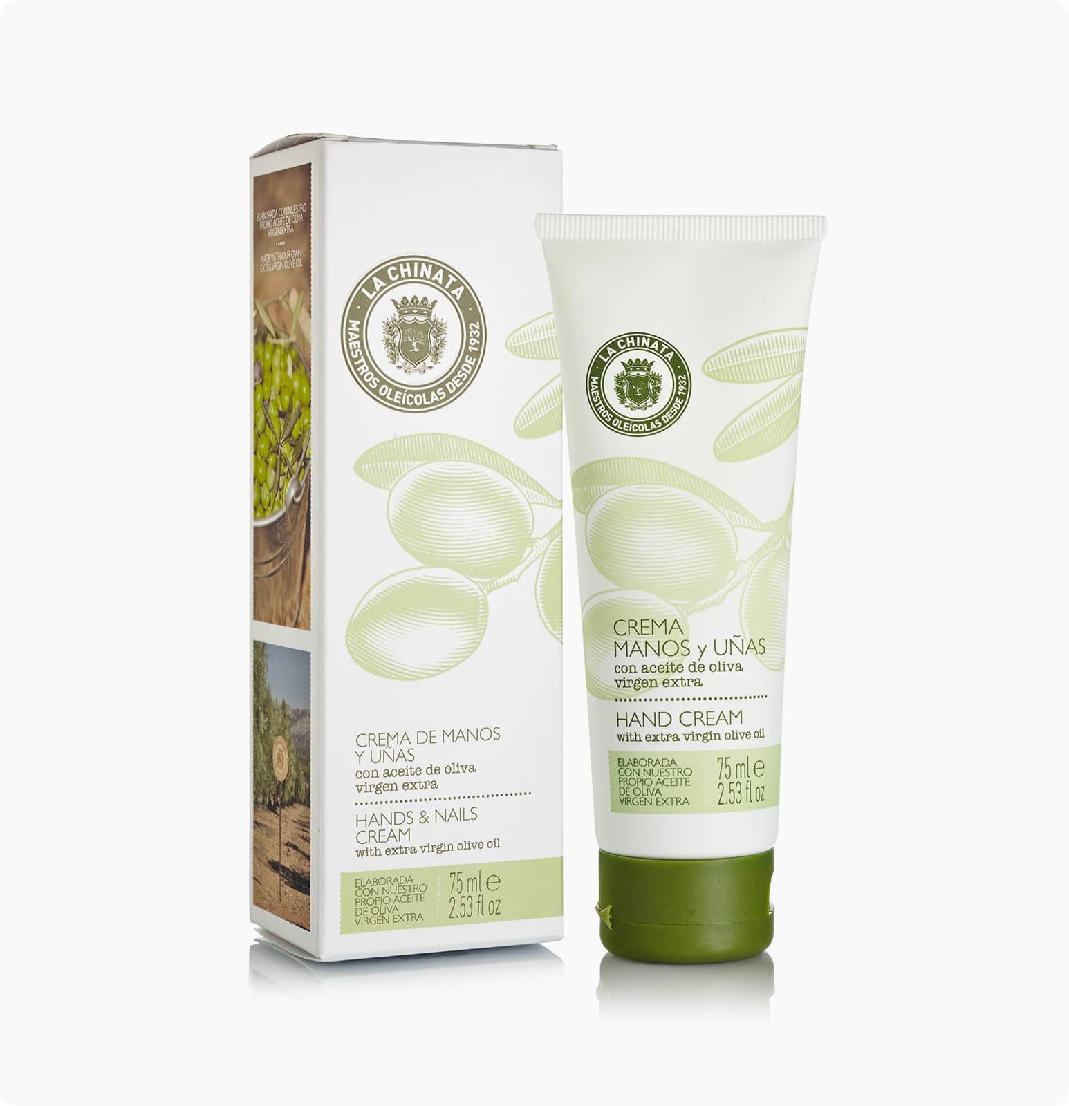 Creme de Mãos e Unhas 75ml - La Chinata Creme para mãos e unhas em tubo branco com tampa verde, junto a caixa com imagens de azeitonas