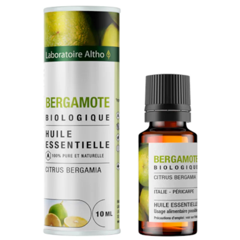 Óleo Essencial Bergamota BIO 10ml - Laboratoire Altho Óleo essencial de bergamota biológico embalagem e frasco