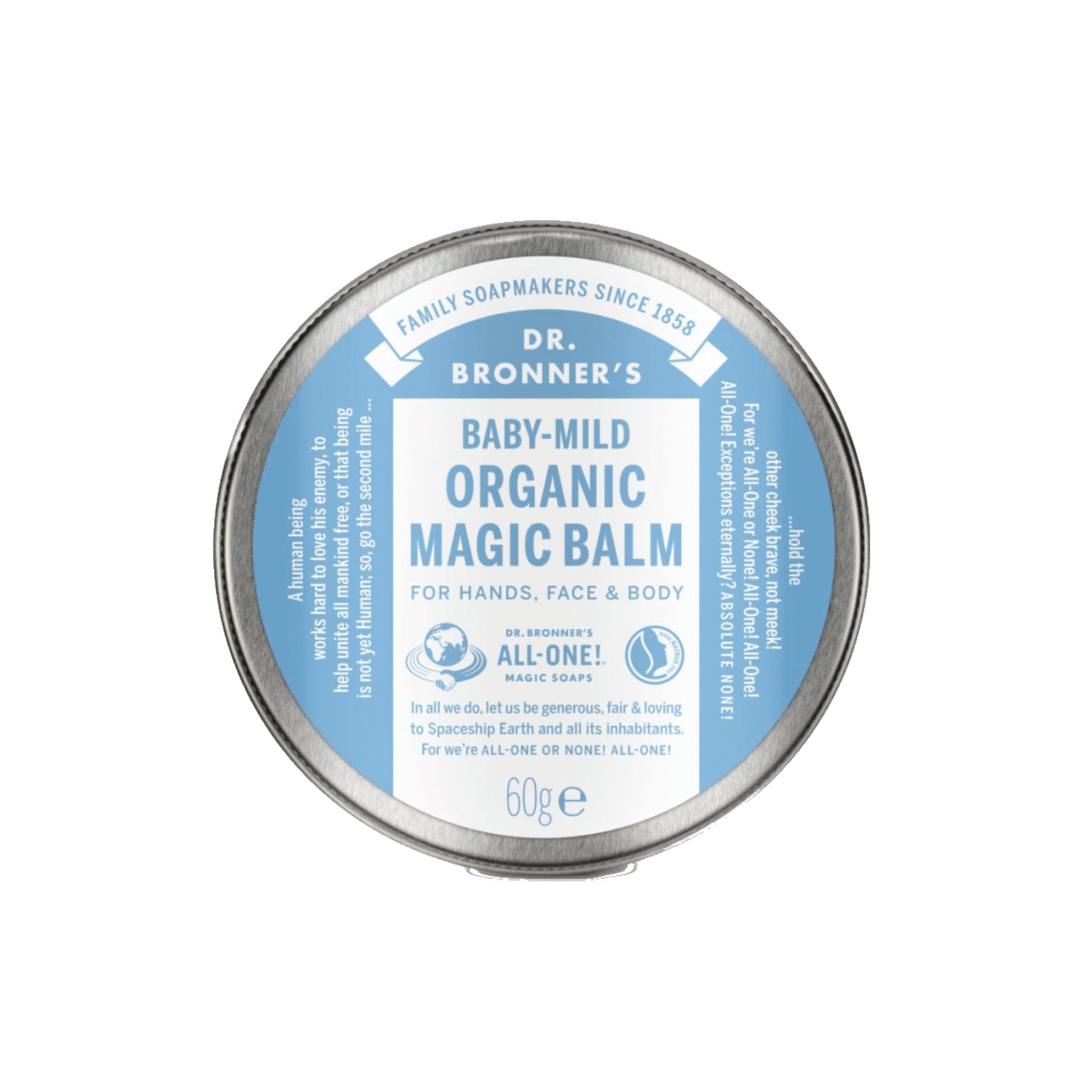 Bálsamo Biológico Suave-Bebé (sem aroma) 60g - Dr. Bronner's Pote metal azul e branco de bálsamo orgânico para bebé Dr. Bronner's