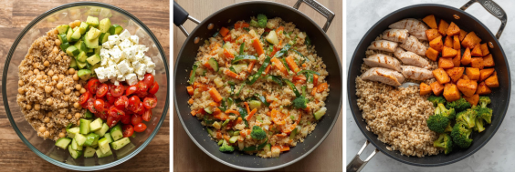 Três pratos com refeições saudáveis contendo quinoa, legumes, frango e queijo.