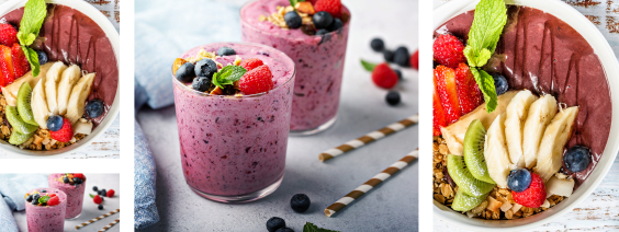 Smoothie bowls coloridos com frutas frescas e copos de batido rosa