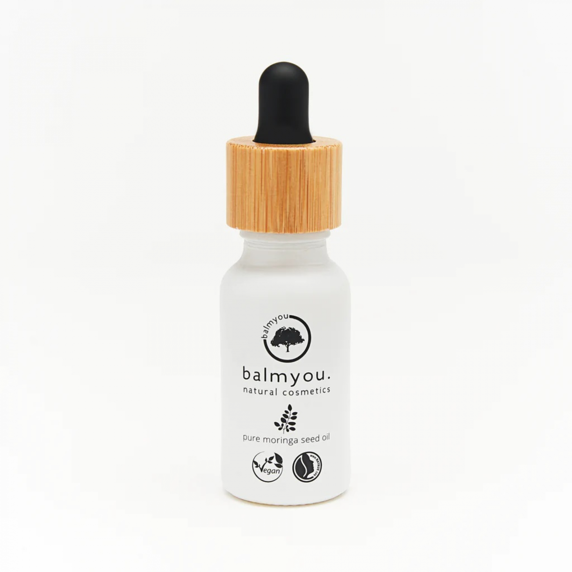 Óleo de Moringa - Balmyou Frasco pequeno branco com conta-gotas de madeira e preto, óleo de semente de moringa balmyou