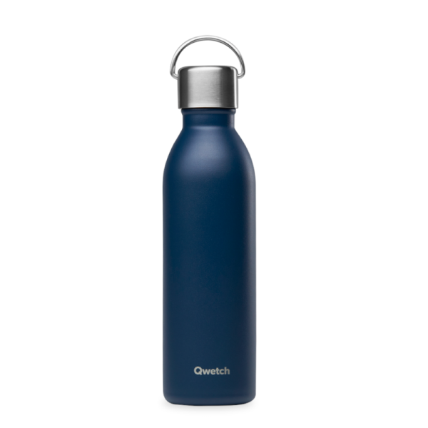 Garrafa Isotérmica ACTIVE MATT AZUL MARINHO 600ml - Qwetch Garrafa térmica azul escura com tampa prateada e argola para transporte