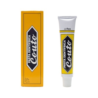 Tubo e embalagem amarela de pasta dentífrica Couto