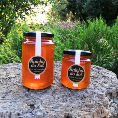 Dois frascos de mel biológico de laranjeira 'Rainha do Sol' sobre um tronco de árvore ao ar livre