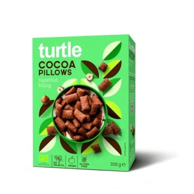 Caixa verde de cereais Turtle Cocoa Pillows com recheio de avelã