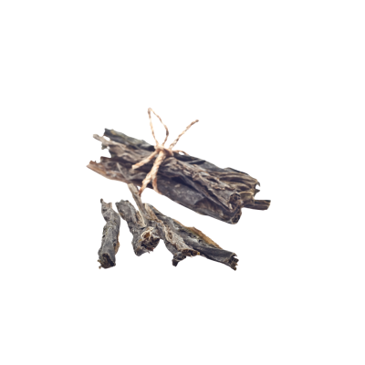 Feixe de folhas secas amarradas com fio de juta sobre fundo branco