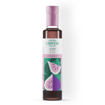 Garrafa de vinagre de figo Cristal com rótulo rosa e branco e ilustrações de figos