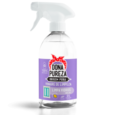 Frasco spray de limpeza Dona Pureza roxo e branco