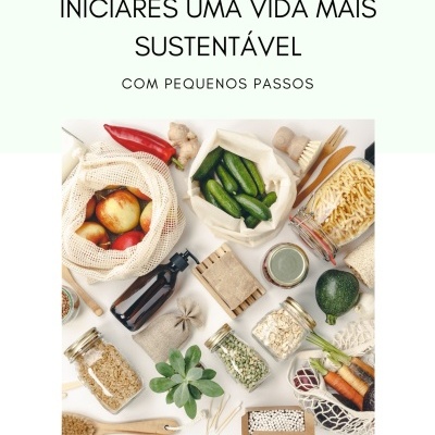 Capa de livro com título sobre vida sustentável e imagem de alimentos e utensílios sustentáveis