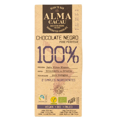 Embalagem de chocolate negro 100% puro peruano com texto e certificados vegano, bio e paleo